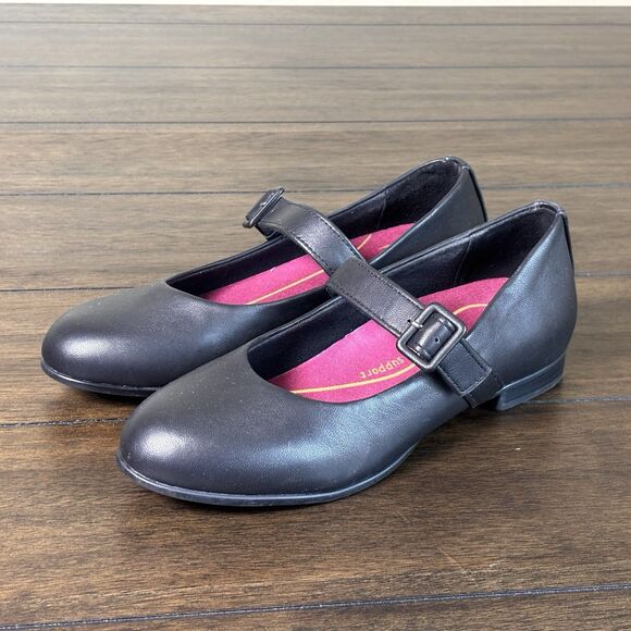 Munro Size 8 M Black Leather MJ Flat Mary Jane Shoes Block Heel - Picture 1 of 9